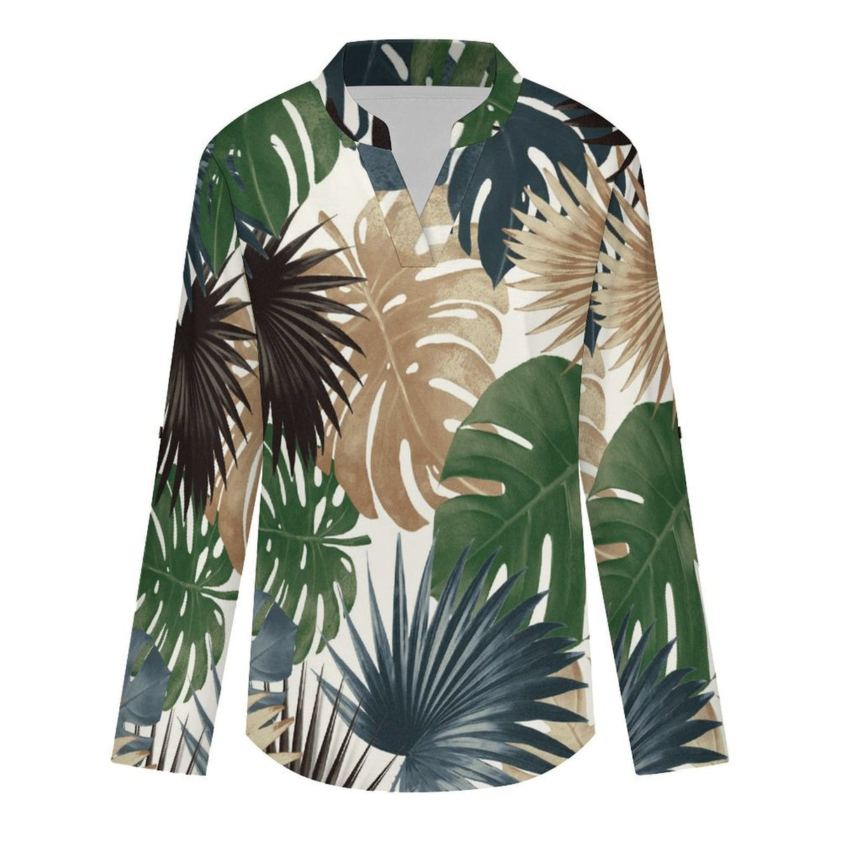 Stand-up Collar Long-sleeved Shirt Plant Summer white SWomen’s V-Neck Blouses