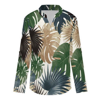 Stand-up Collar Long-sleeved Shirt Plant Summer white SWomen’s V-Neck Blouses