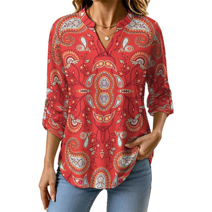 Paisley  Versatile Notched V-Neck Tunic | Roll Tab 3/4 Sleeve Office Casual Top