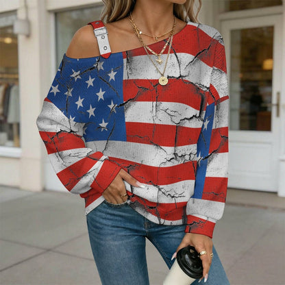 Women’s Off-Shoulder Knit Sweater American Flag, Damage, History