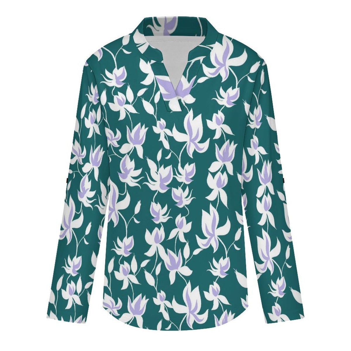 Flower Pattern Repeat  Versatile Notched V-Neck Tunic | Roll Tab 3/4 Sleeve Office Casual Top