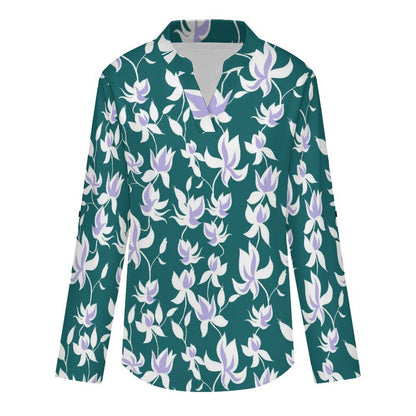 Flower Pattern Repeat  Versatile Notched V-Neck Tunic | Roll Tab 3/4 Sleeve Office Casual Top