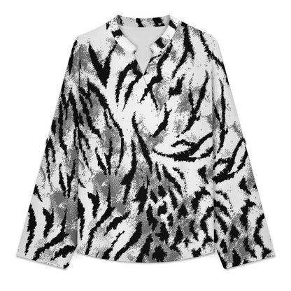 Black And White Zebra Print Roll Tab 3/4 Sleeve Notched V Neck Tunic Blouse