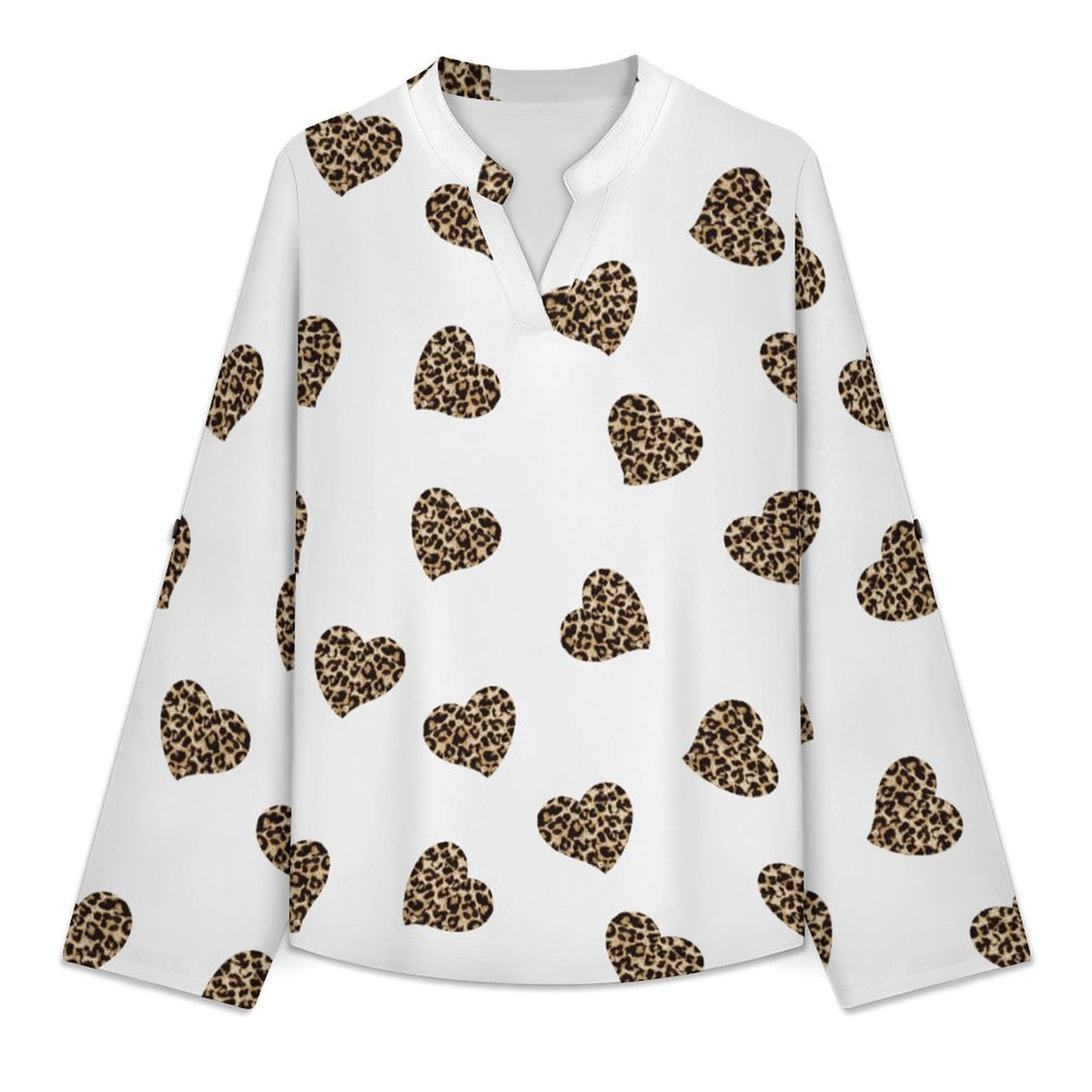 Peach Heart Leopard Grain  Versatile Notched V-Neck Tunic | Roll Tab 3/4 Sleeve Office Casual Top