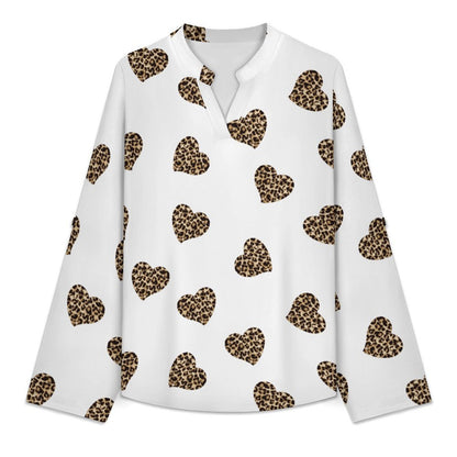 Peach Heart Leopard Grain  Versatile Notched V-Neck Tunic | Roll Tab 3/4 Sleeve Office Casual Top