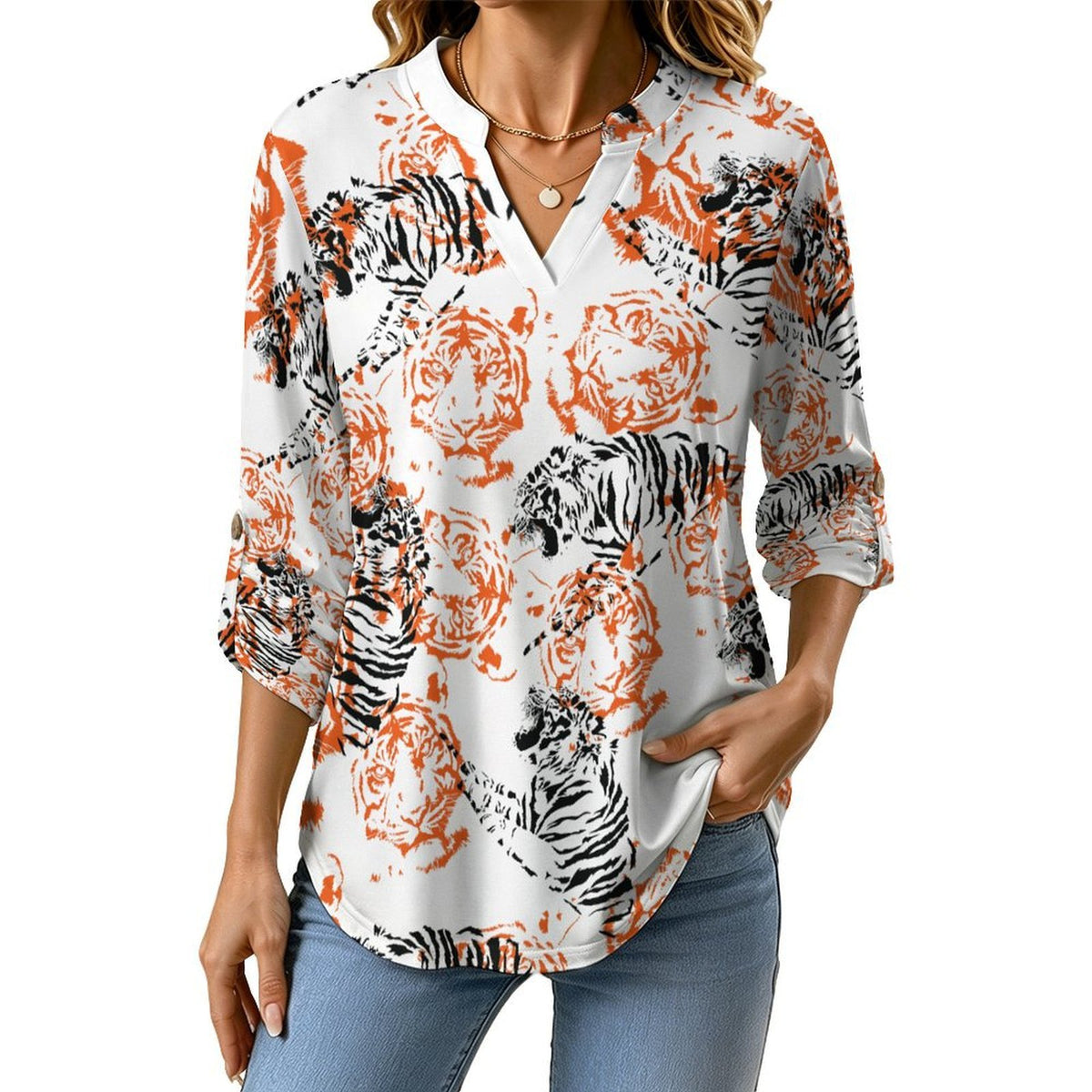 Women's Notched V Neck Tunic Tops, Roll Up 3/4 Sleeve Button Cuff Casual Blouse, Hem Loose Work Shirts  Tiger Pattern, Repeating Pattern