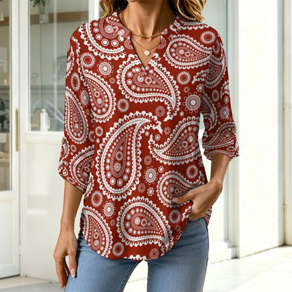 Paisley  Versatile Notched V-Neck Tunic | Roll Tab 3/4 Sleeve Office Casual Top