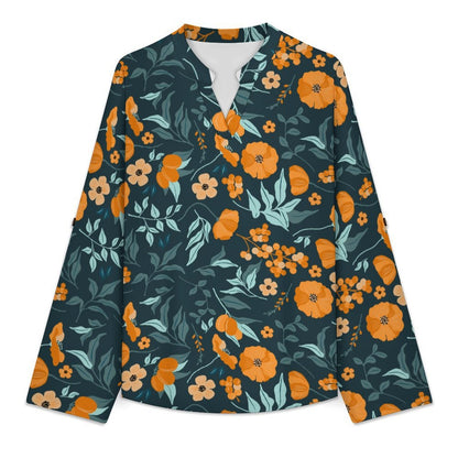 Versatile Notched V-Neck Tunic | Roll Tab 3/4 Sleeve Office Casual Top  Orange Blossom Repeat Pattern Dress for Women