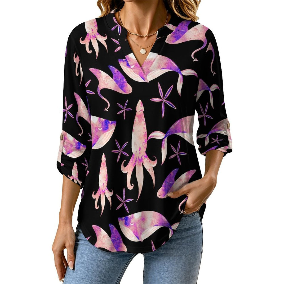 Versatile Notched V-Neck Tunic | Roll Tab 3/4 Sleeve Office Casual Top  Ocean Pattern