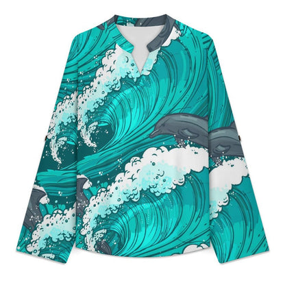 Stand-up Collar Long-sleeved Shirt Dolphins, Waves white SWomen’s V-Neck Blouses