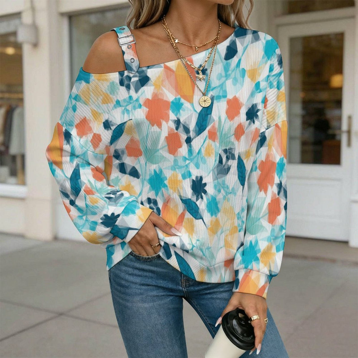 Fall Casual Asymmetric Shoulder Knit Top with Buckle Detail Colored Flowers, Abstract Patterns