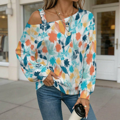 Fall Casual Asymmetric Shoulder Knit Top with Buckle Detail Colored Flowers, Abstract Patterns