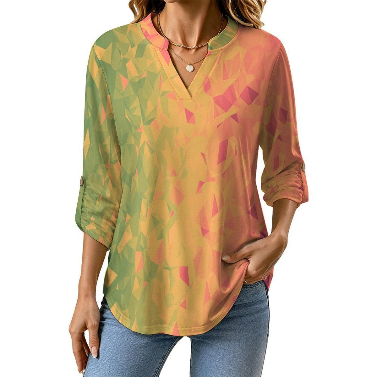 Women's Notched V Neck Tunic Tops, Roll Up 3/4 Sleeve Button Cuff Casual Blouse, Hem Loose Work Shirts  Colored Diamond Pattern