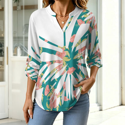 Roll Tab 3/4 Sleeve Notched V Neck Tunic Blouse  Blue, Butterfly, Paper Cutting