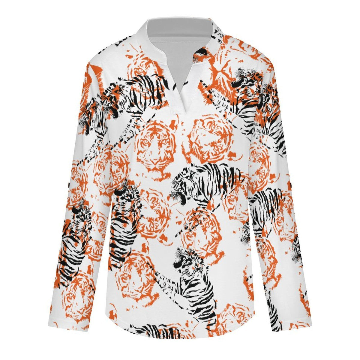 Women's Notched V Neck Tunic Tops, Roll Up 3/4 Sleeve Button Cuff Casual Blouse, Hem Loose Work Shirts  Tiger Pattern, Repeating Pattern