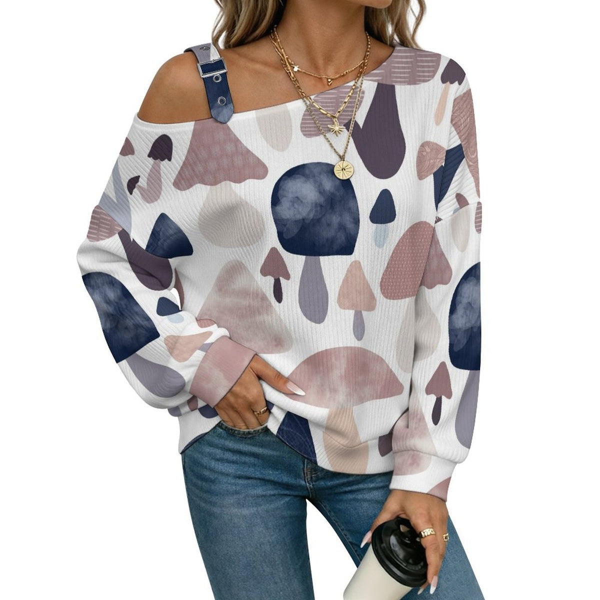 Buckle Strap Asymmetrical Off Shoulder Knit Sweater Mushrooms Background