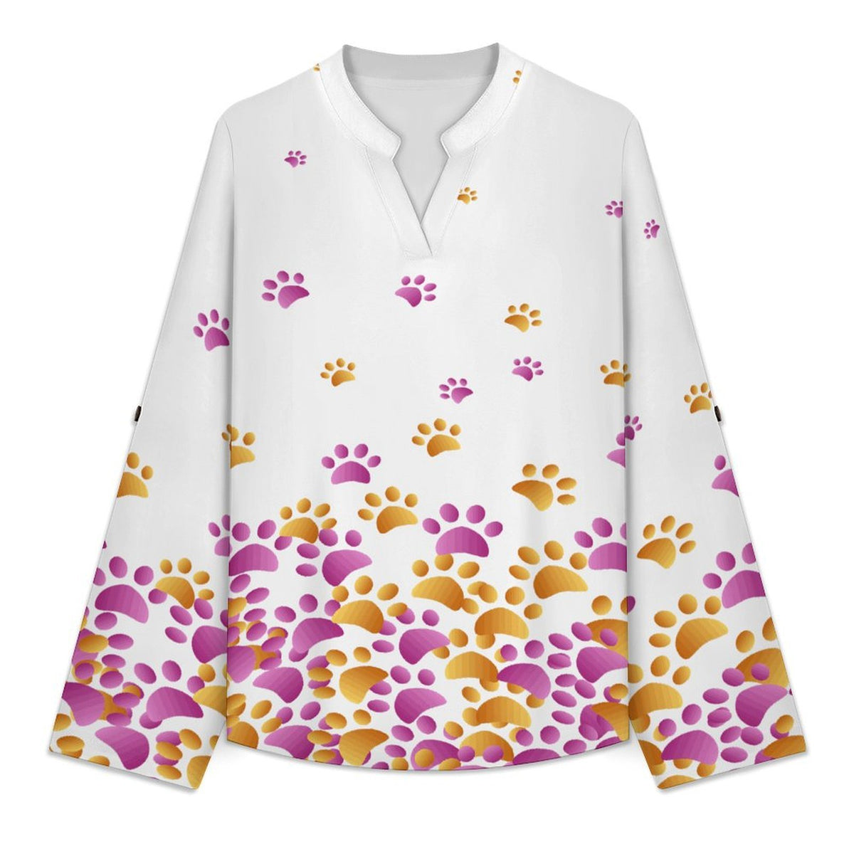 Dog Footprints Dress Blue  Versatile Notched V-Neck Tunic | Roll Tab 3/4 Sleeve Office Casual Top