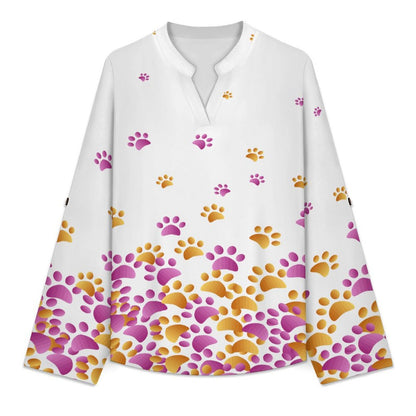 Dog Footprints Dress Blue  Versatile Notched V-Neck Tunic | Roll Tab 3/4 Sleeve Office Casual Top