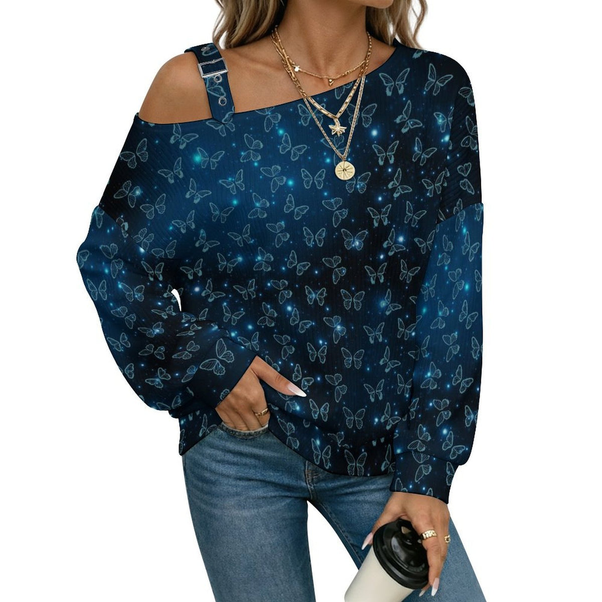 Fall Casual Asymmetric Shoulder Knit Top with Buckle Detail Butterfly Under Blue Starlight