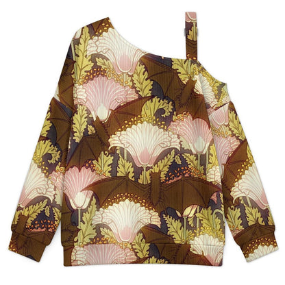 Vintage Flower Pattern Buckle Strap Asymmetrical Off Shoulder Knit Sweater
