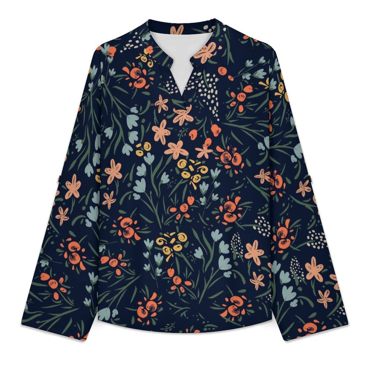 Flower Pattern Roll Tab 3/4 Sleeve Notched V Neck Tunic Blouse