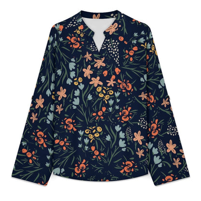 Flower Pattern Roll Tab 3/4 Sleeve Notched V Neck Tunic Blouse