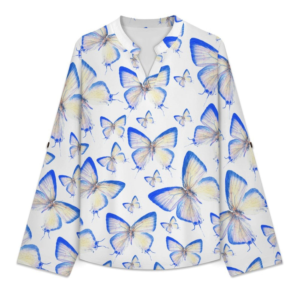 Butterfly, Repeating Pattern  Versatile Notched V-Neck Tunic | Roll Tab 3/4 Sleeve Office Casual Top