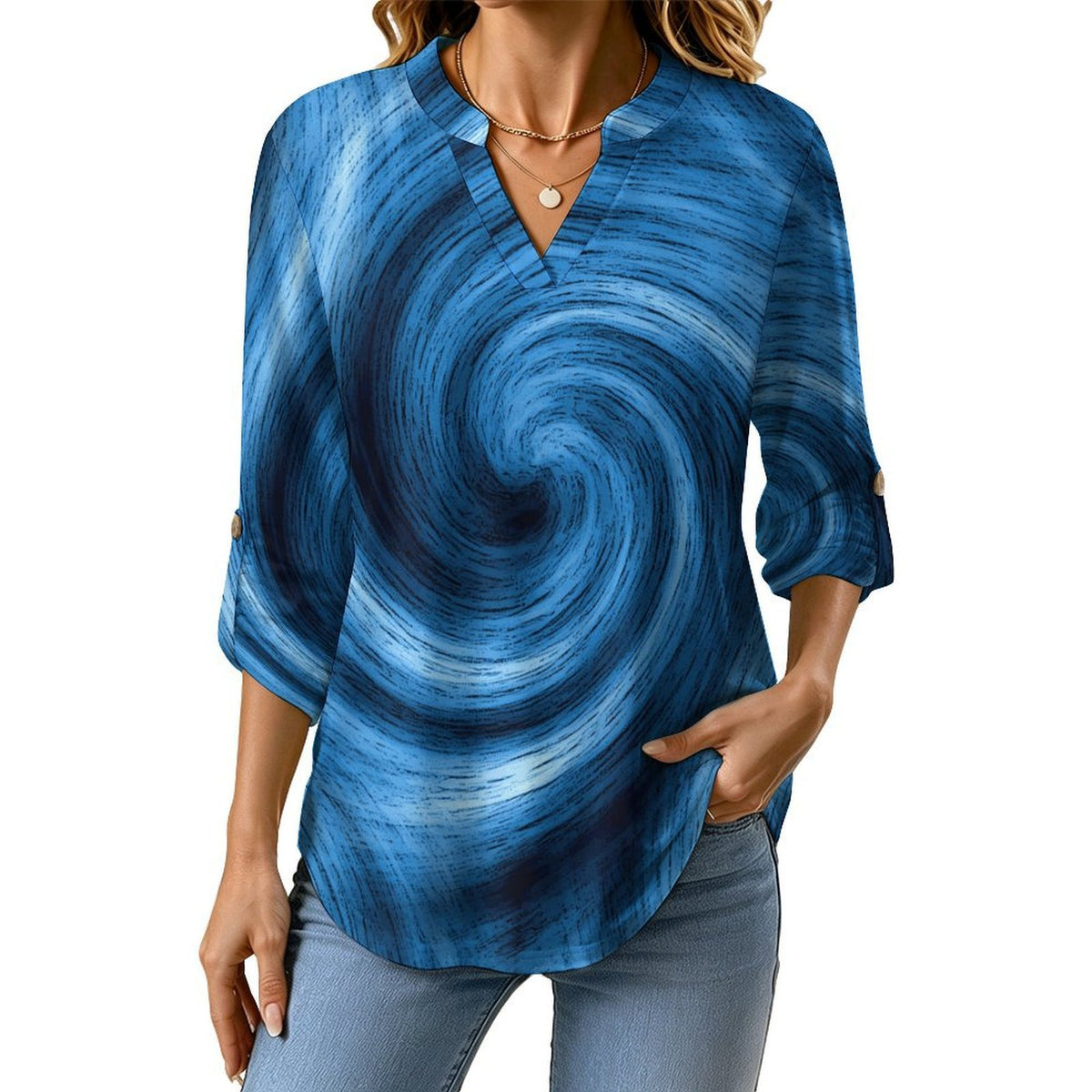 Blue Vortex Pattern  Versatile Notched V-Neck Tunic | Roll Tab 3/4 Sleeve Office Casual Top
