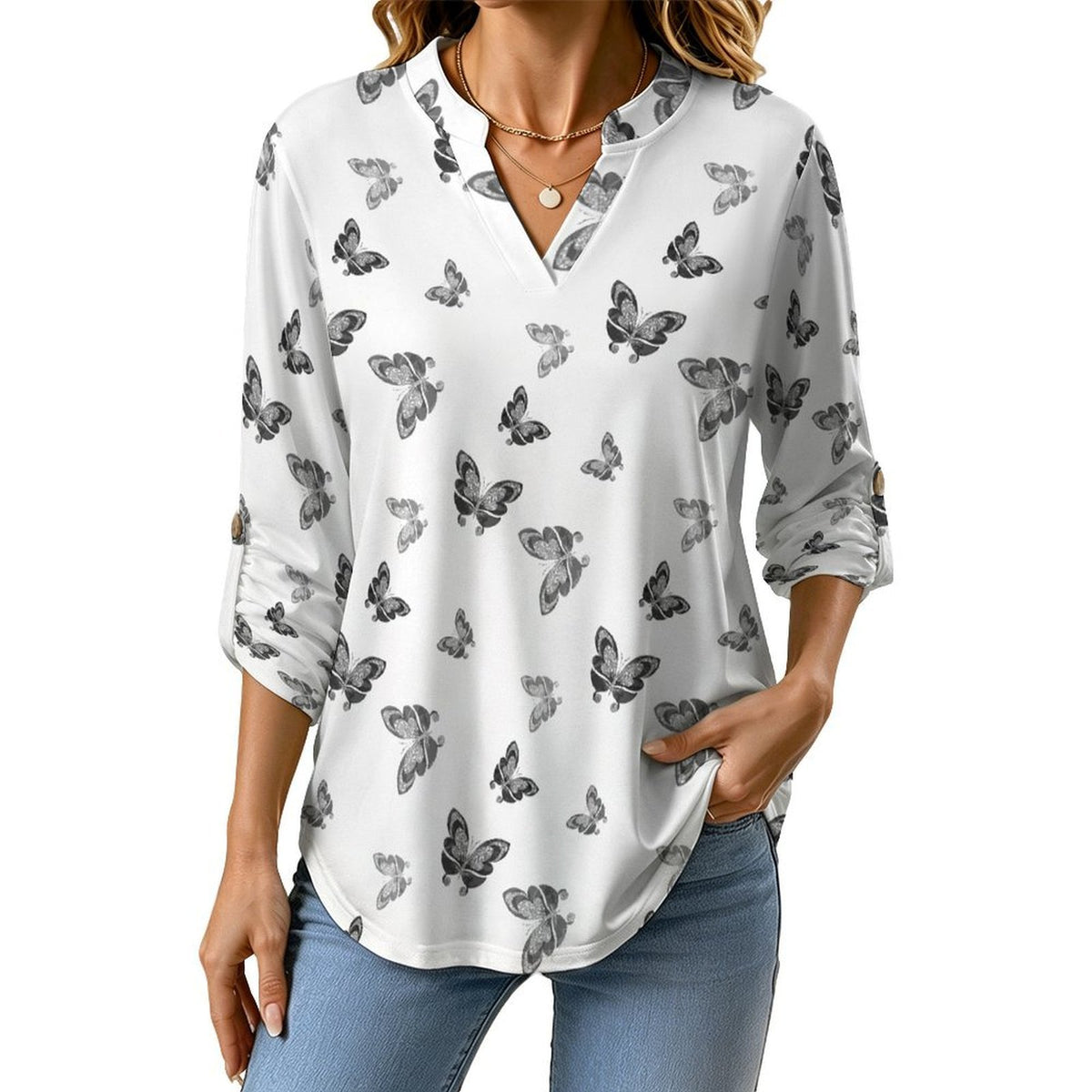 Versatile Notched V-Neck Tunic | Roll Tab 3/4 Sleeve Office Casual Top  Black And White Butterfly