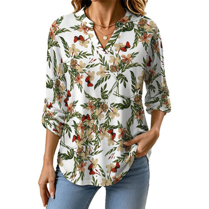 Versatile Notched V-Neck Tunic  Roll Tab 3/4 Sleeve Office Casual Top  Butterfly, Flower, Repeating Pattern