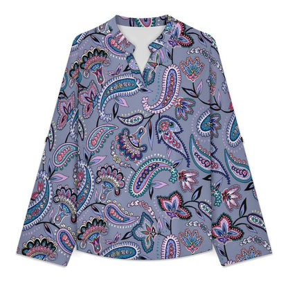 Paisley Women's Notched V Neck Tunic Tops, Roll Up 3/4 Sleeve Button Cuff Casual Blouse, Hem Loose Work Shirts