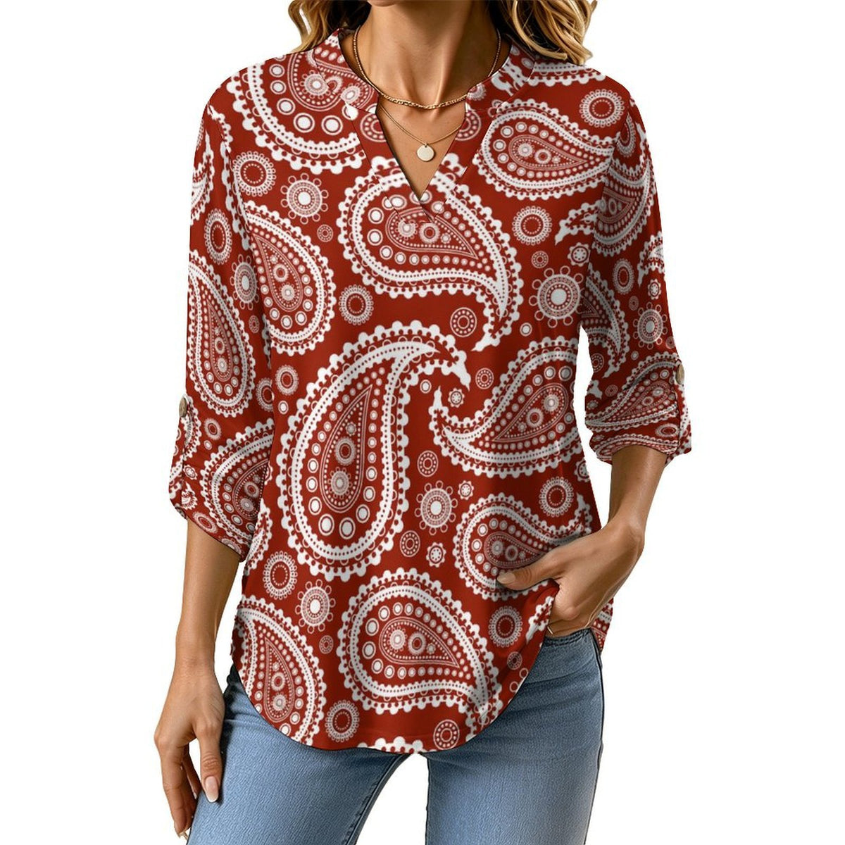 Paisley  Versatile Notched V-Neck Tunic | Roll Tab 3/4 Sleeve Office Casual Top