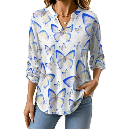 Butterfly, Repeating Pattern  Versatile Notched V-Neck Tunic | Roll Tab 3/4 Sleeve Office Casual Top