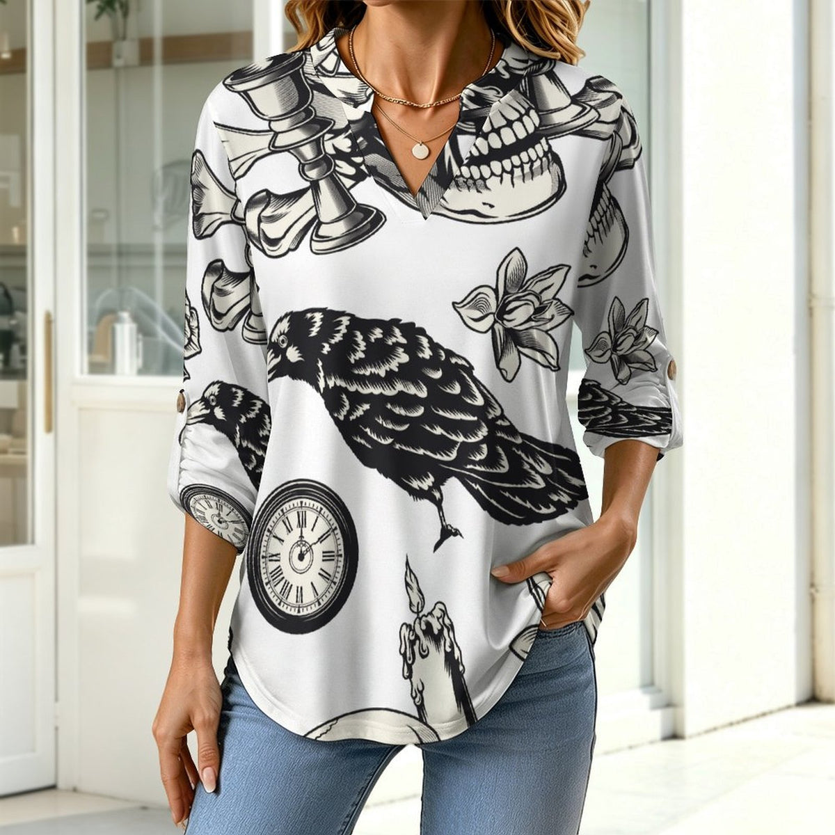 Skull Repeat Pattern  Versatile Notched V-Neck Tunic | Roll Tab 3/4 Sleeve Office Casual Top