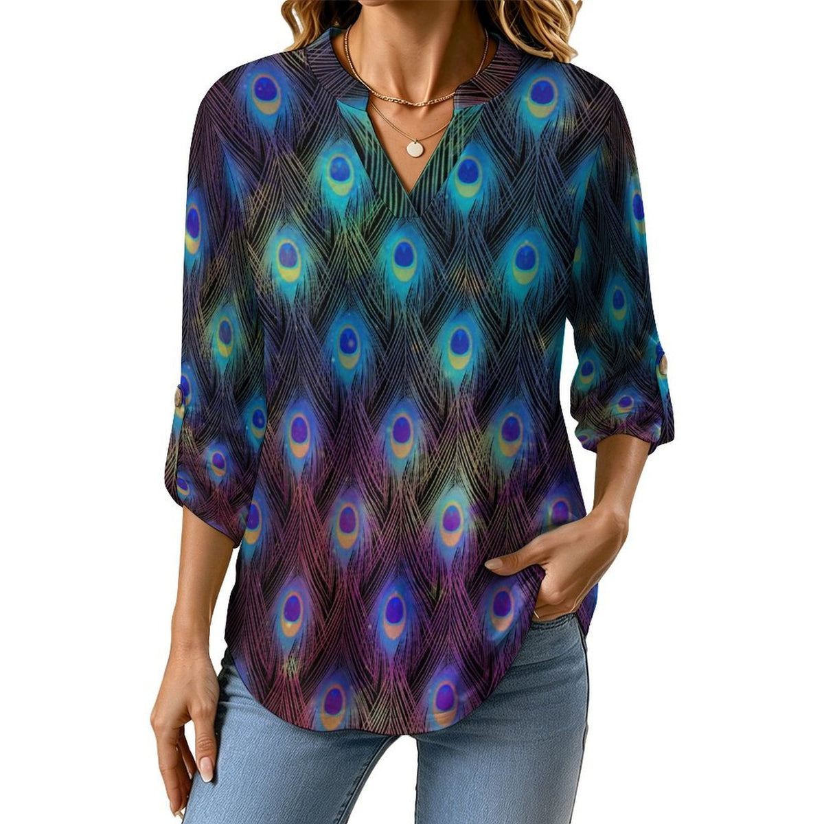 Peacock Feather Roll Tab 3/4 Sleeve Notched V Neck Tunic Blouse