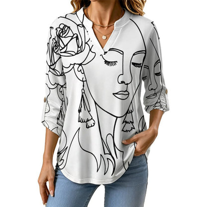 Line, Female  Versatile Notched V-Neck Tunic | Roll Tab 3/4 Sleeve Office Casual Top