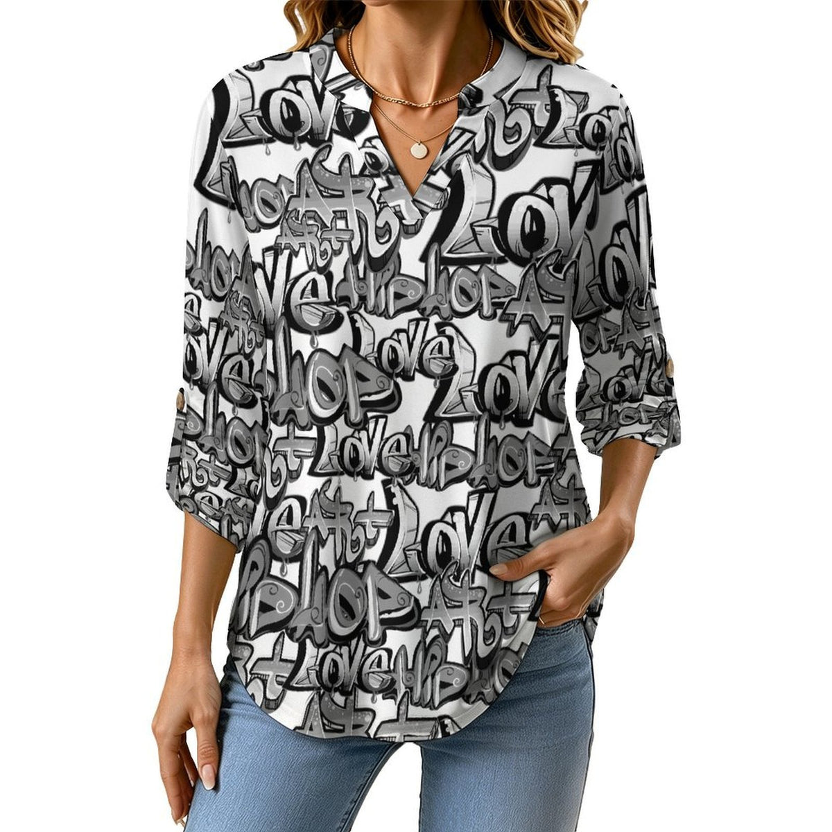 Graffiti, Font, Repeating Pattern  Versatile Notched V-Neck Tunic | Roll Tab 3/4 Sleeve Office Casual Top