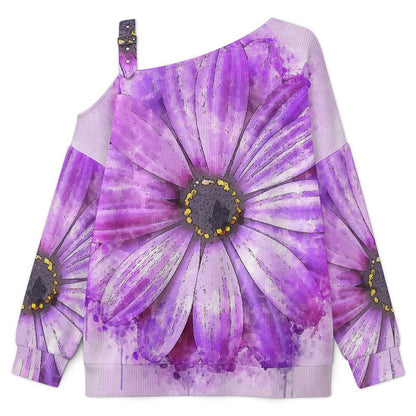 Women’s Off-Shoulder Knit Sweater Purple Flowers