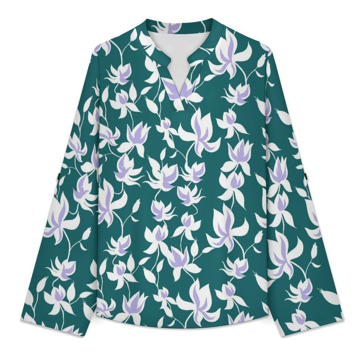 Flower Pattern Repeat  Versatile Notched V-Neck Tunic | Roll Tab 3/4 Sleeve Office Casual Top