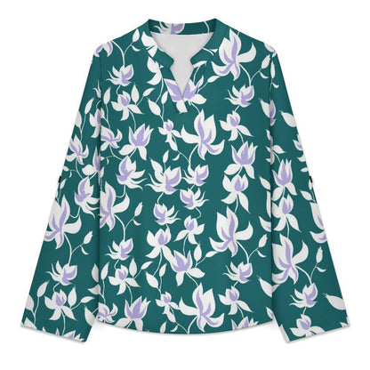 Flower Pattern Repeat  Versatile Notched V-Neck Tunic | Roll Tab 3/4 Sleeve Office Casual Top