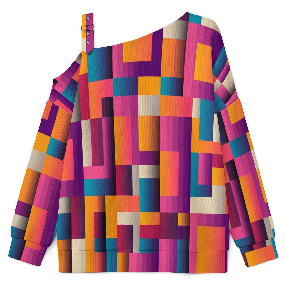 Women’s Off-Shoulder Knit Sweater Colored Checkered Pattern