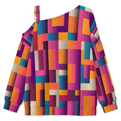 Women’s Off-Shoulder Knit Sweater Colored Checkered Pattern