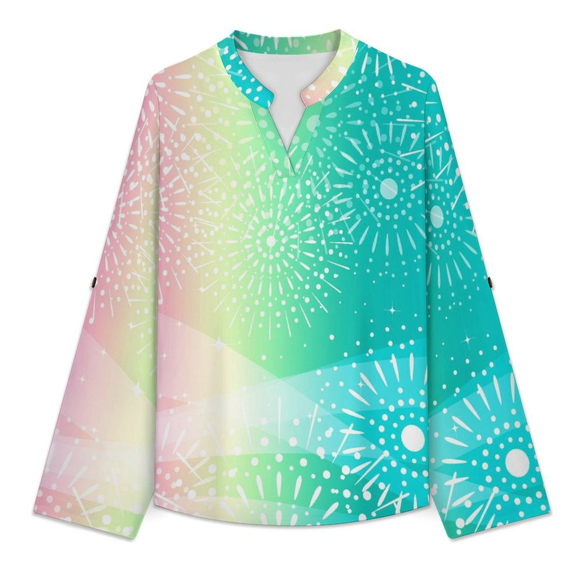 Stand-up Collar Long-sleeved Shirt Rainbow, Color Pattern white SWomen’s V-Neck Blouses