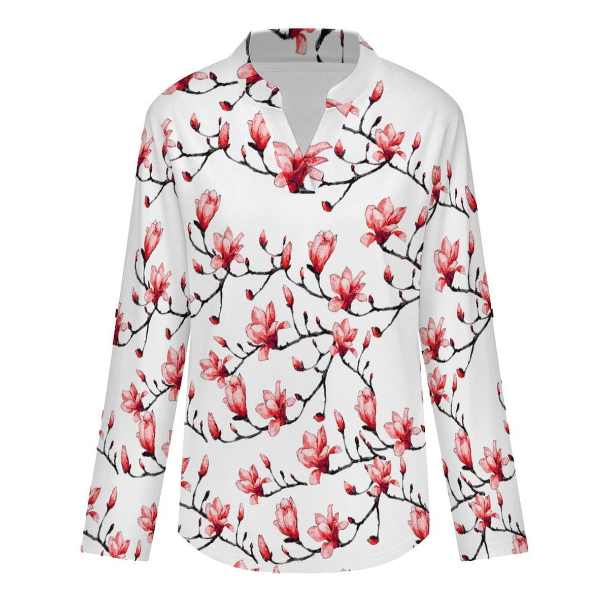 Flowers, Women's Clothing, Repeating Patterns  Versatile Notched V-Neck Tunic | Roll Tab 3/4 Sleeve Office Casual Top