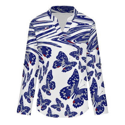 Women's Notched V Neck Tunic Tops, Roll Up 3/4 Sleeve Button Cuff Casual Blouse, Hem Loose Work Shirts  Butterflies, Shaking, Repeating Patterns