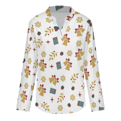 Christmas Pattern Roll Tab 3/4 Sleeve Notched V Neck Tunic Blouse