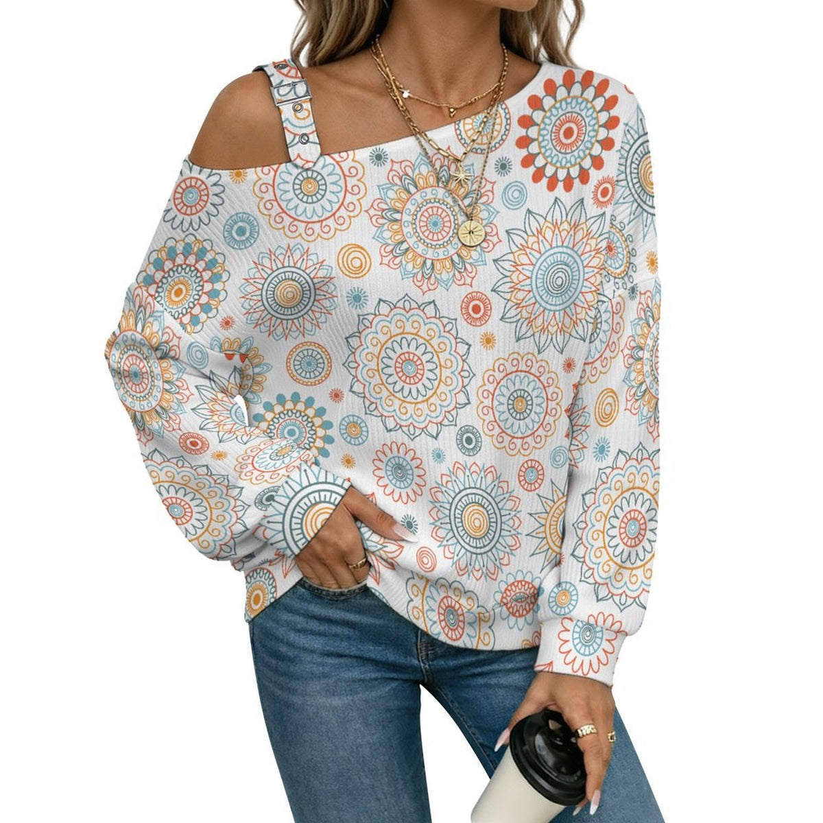Repetitive Pattern Fall Casual Asymmetric Shoulder Knit Top with Buckle Detail