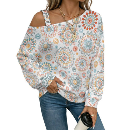 Repetitive Pattern Fall Casual Asymmetric Shoulder Knit Top with Buckle Detail