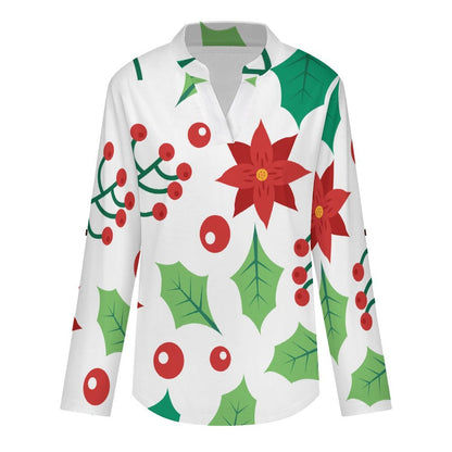 Women's Notched V Neck Tunic Tops, Roll Up 3/4 Sleeve Button Cuff Casual Blouse, Hem Loose Work Shirts  Christmas Repeat Pattern Red And Green