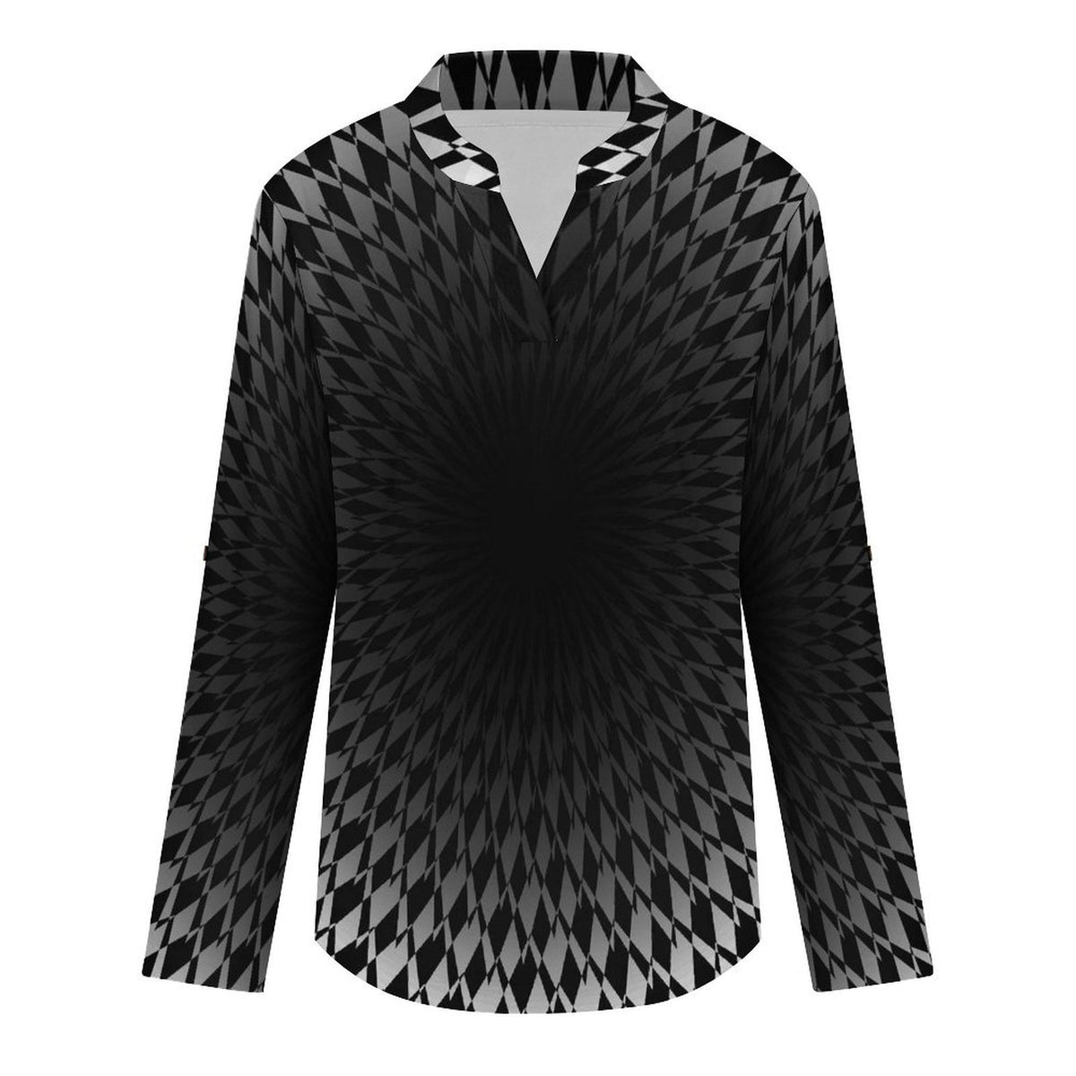 Optical Art Viaual Trap Women's Notched V Neck Tunic Tops, Roll Up 3/4 Sleeve Button Cuff Casual Blouse, Hem Loose Work Shirts